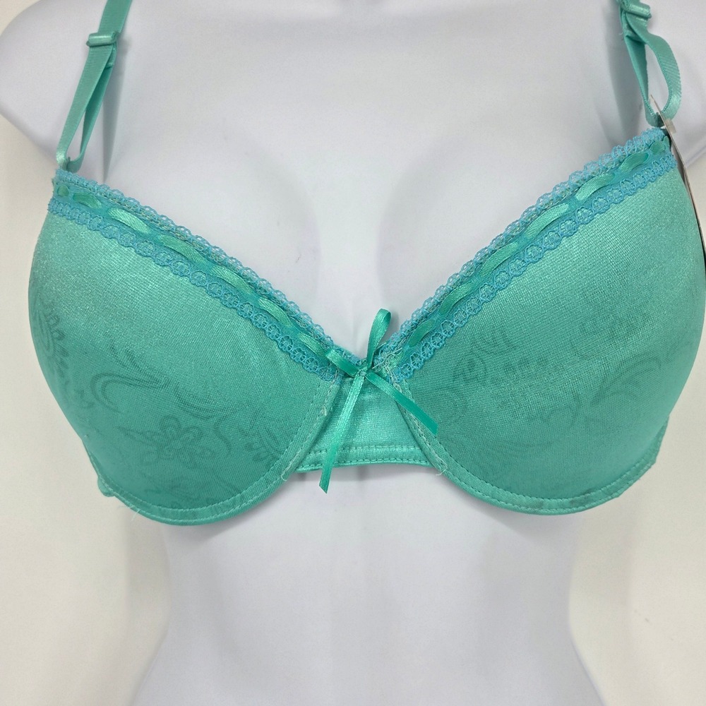 Sophia Teal Green Floral Damask Lace Trim Underwire Bra 36C BRA517 NWT